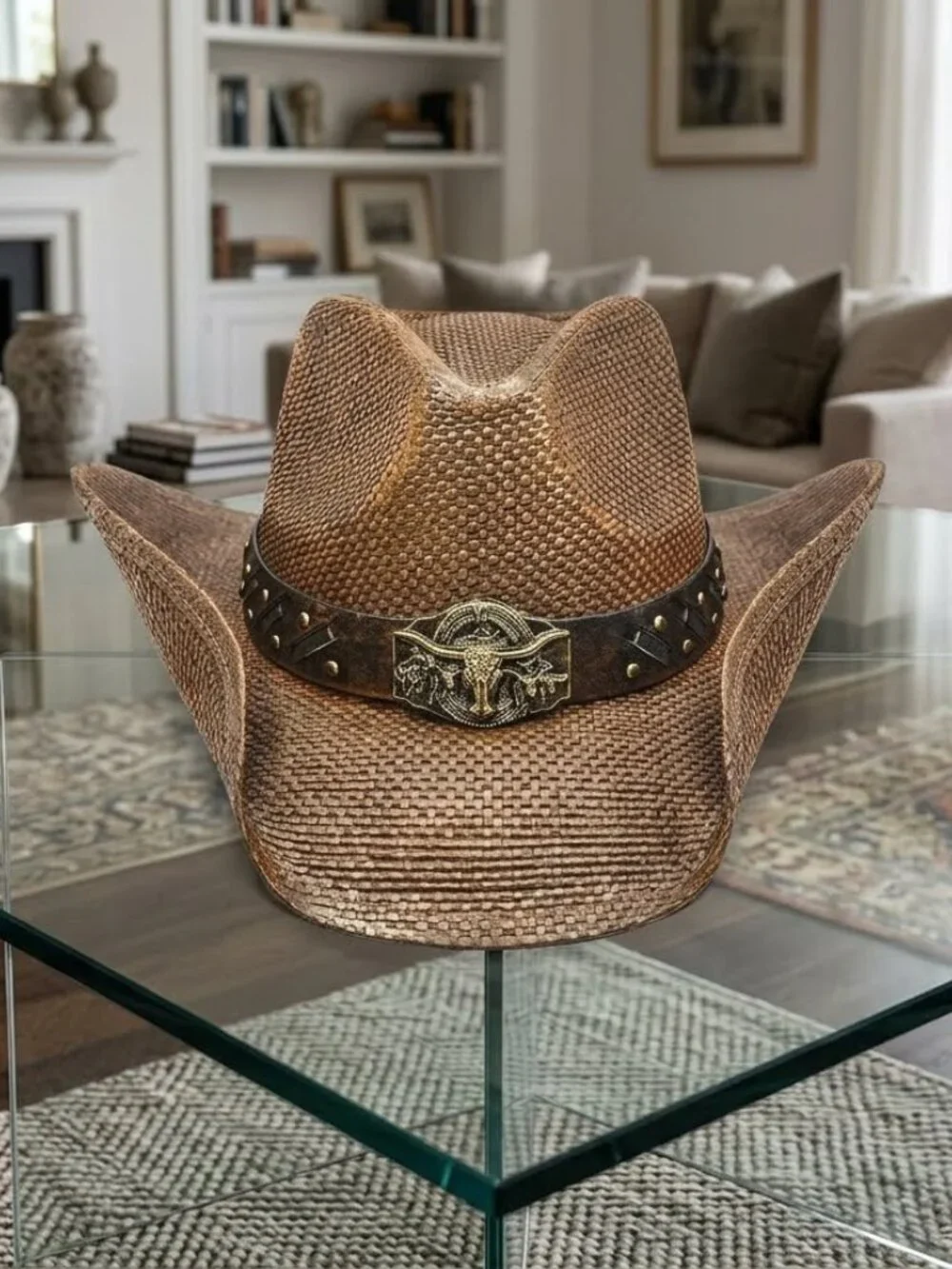 Men - Distressed Straw Western Hat with Shapeable Brim for Cowboys